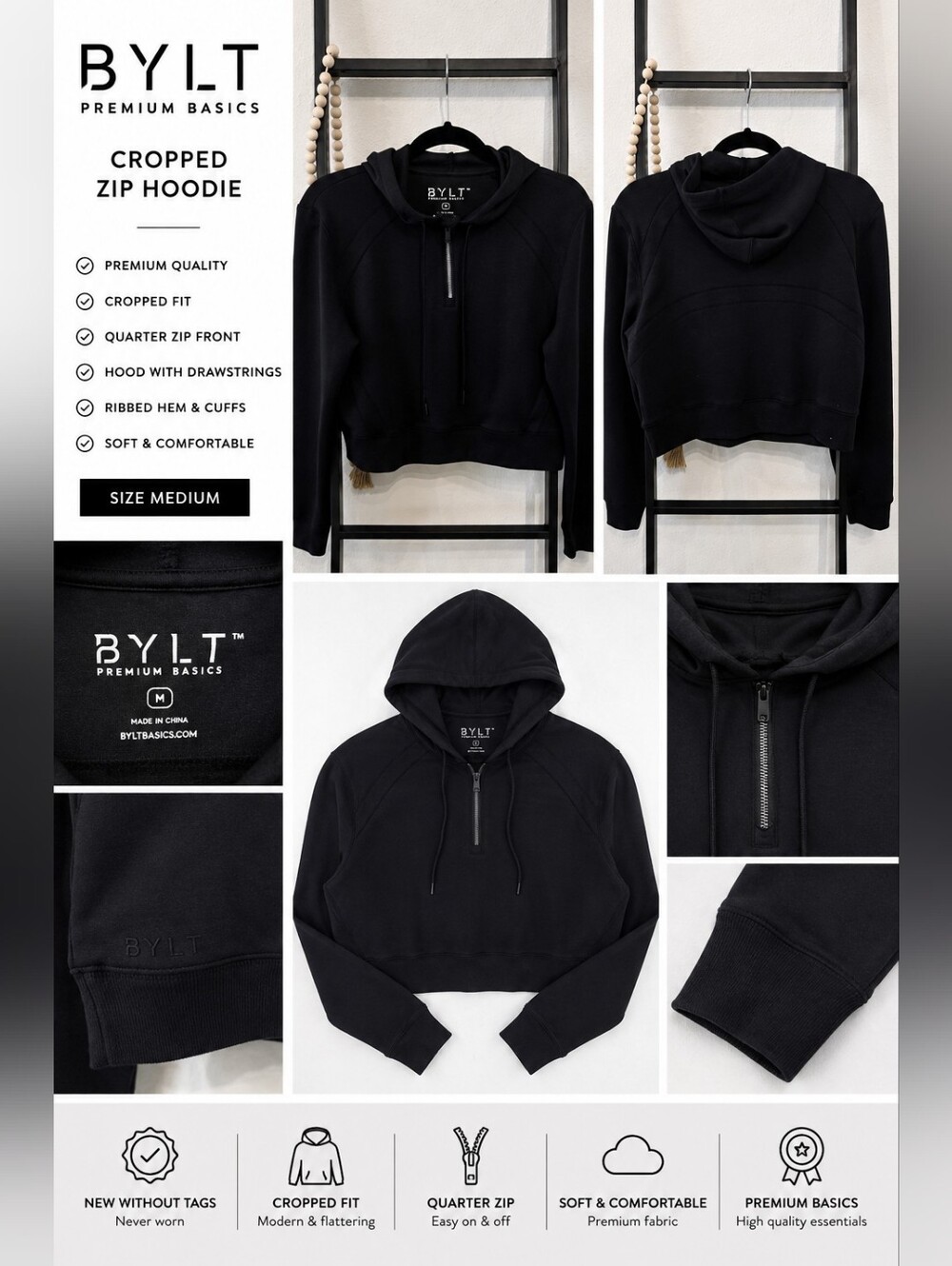 BYLT Premium Basics Black Cropped Quarter Zip Hoodie – Size M – NWOT